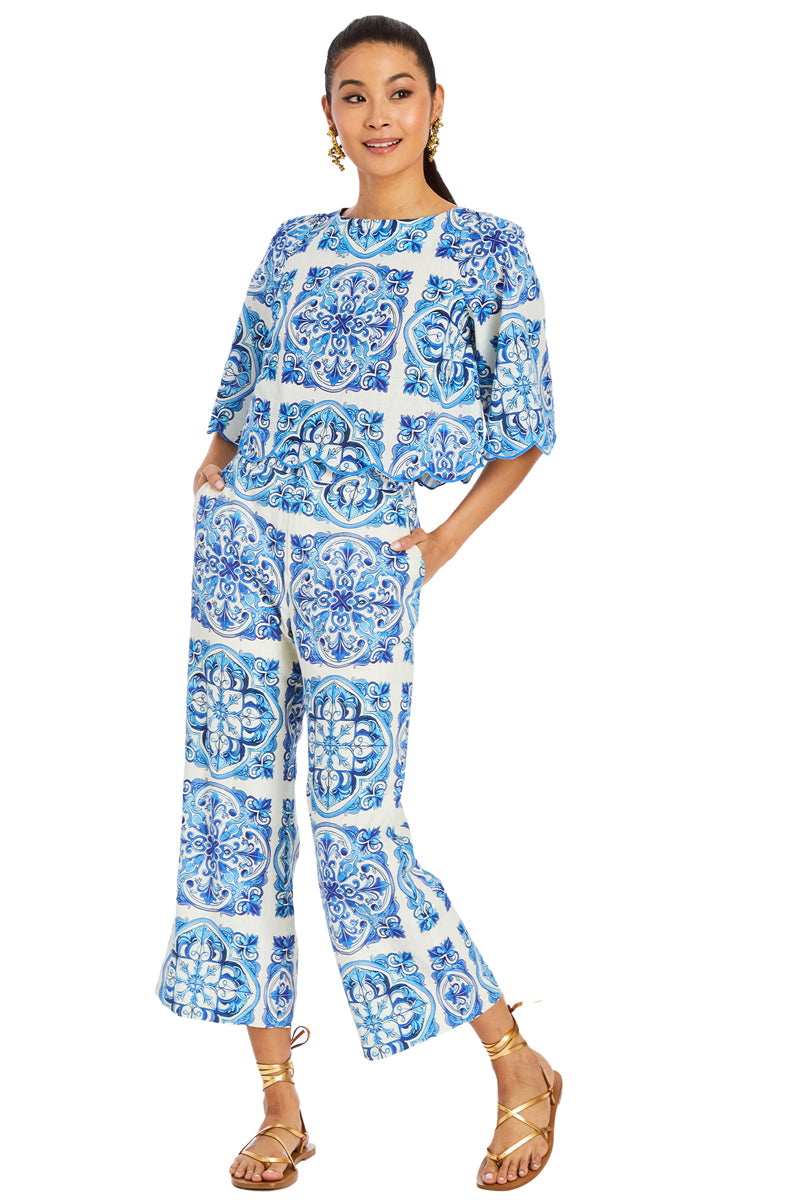 Mestiza New York Taylor cropped pants in Azulejo blue, shown on a model, featuring a relaxed fit and stylish design.