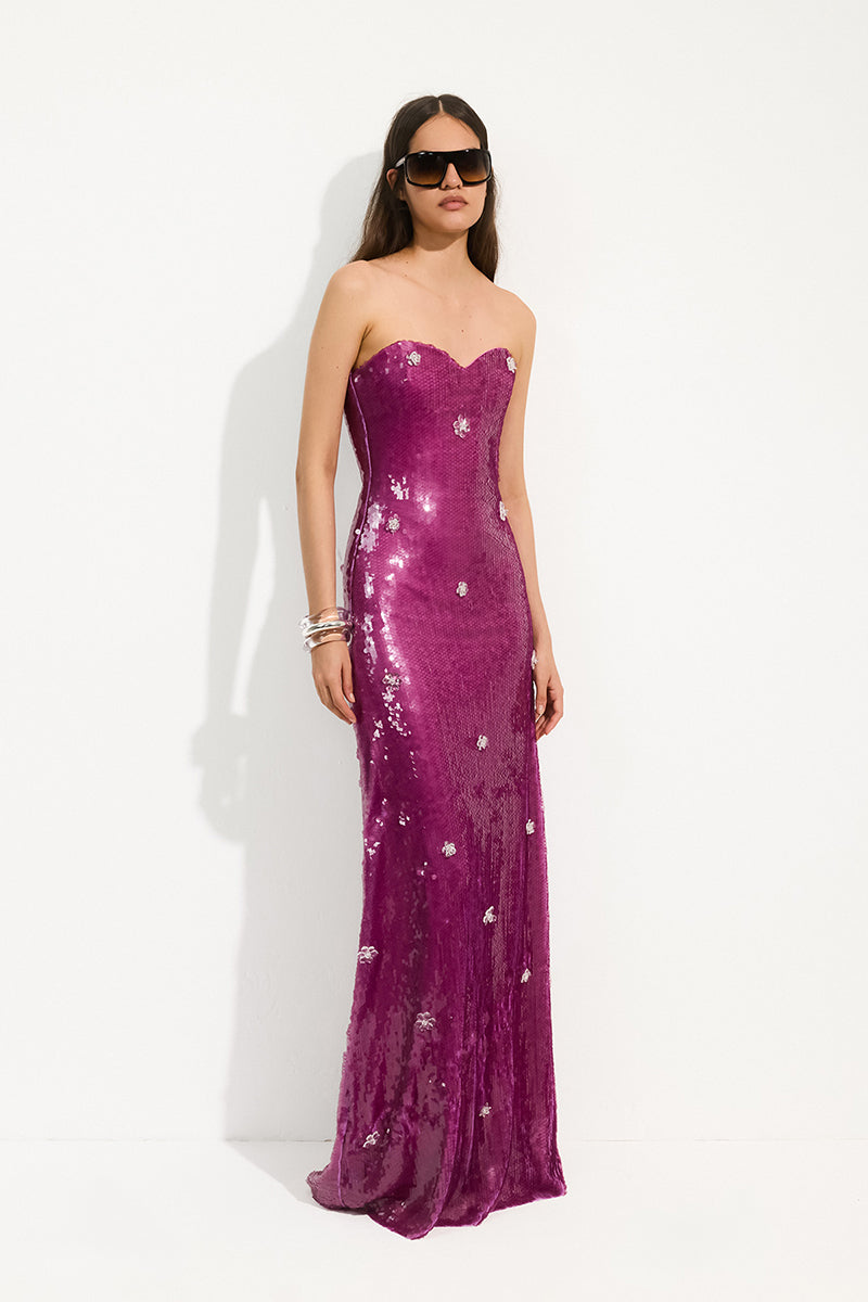 Urban Muse Cimone gown in cherry pink, elegant and flowing, featuring a soft fabric and stylish design perfect for formal occasions.