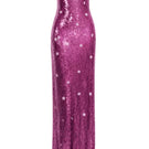 Urban Muse Cimone gown in cherry pink, flowing fabric with long sleeves and elegant design, perfect for formal occasions.