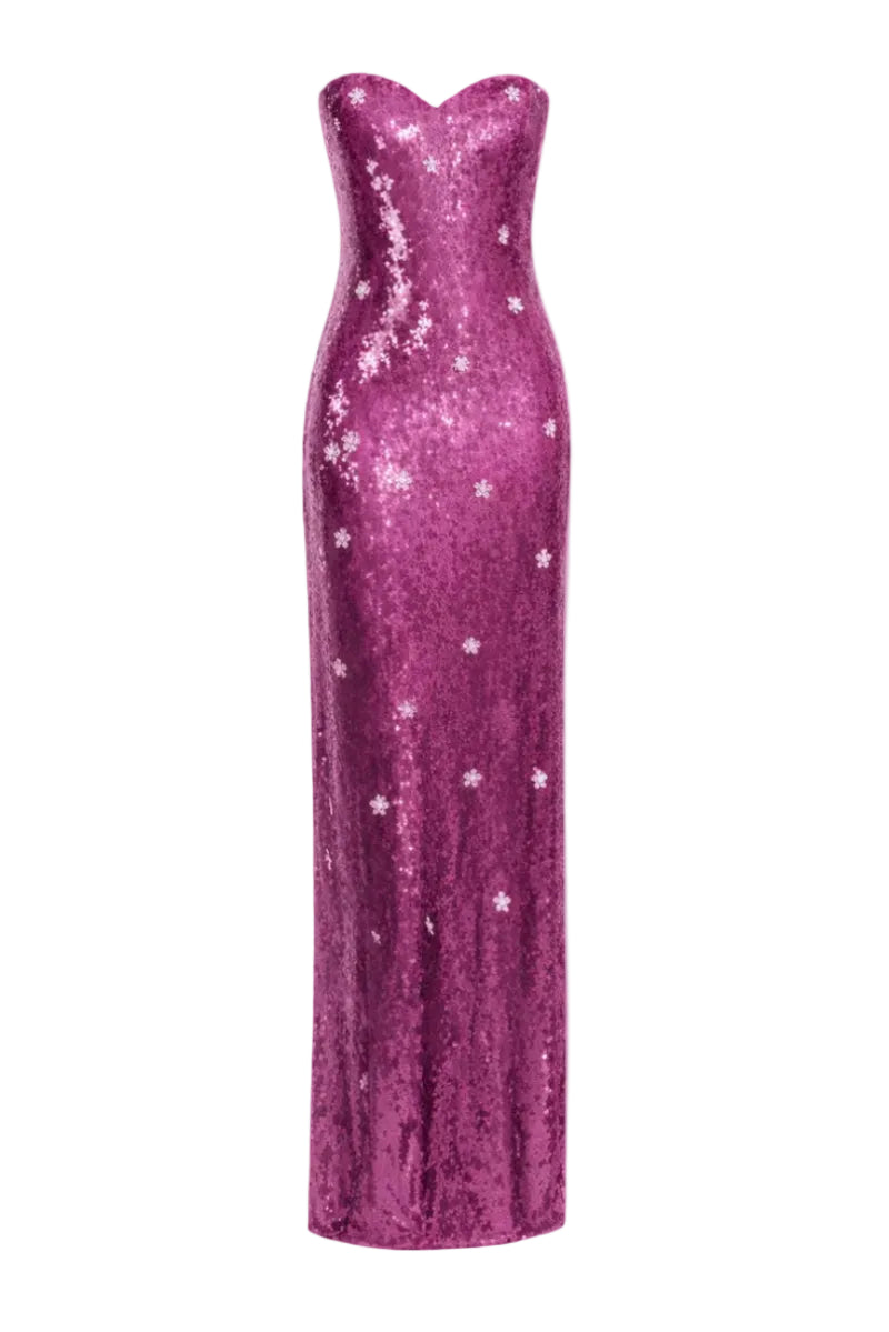 Urban Muse Cimone gown in cherry pink, flowing fabric with long sleeves and elegant design, perfect for formal occasions.