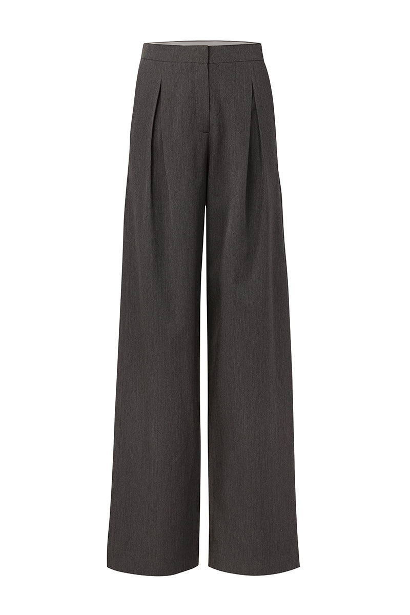 Gray URA Ruth trousers, stylish pants with a tailored fit, shown laid flat on a white background.