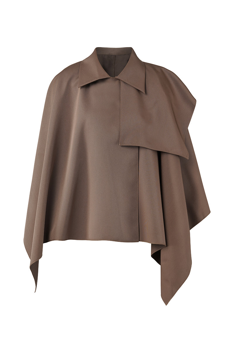 URA IDA camel cape jacket with a stylish draped design, perfect for layered fall and winter fashion.