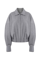 Gray Steph jacket by URA, featuring a stylish, fitted design with a front zipper and collar, displayed on a plain background.