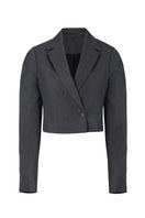 Gray Rudy jacket by URA, stylish outerwear with a modern fit, shown on a hanger against a neutral background.