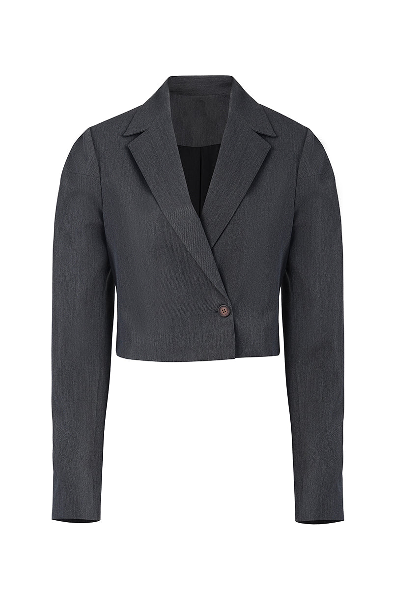Gray Rudy jacket by URA, stylish outerwear with a modern fit, shown on a hanger against a neutral background.