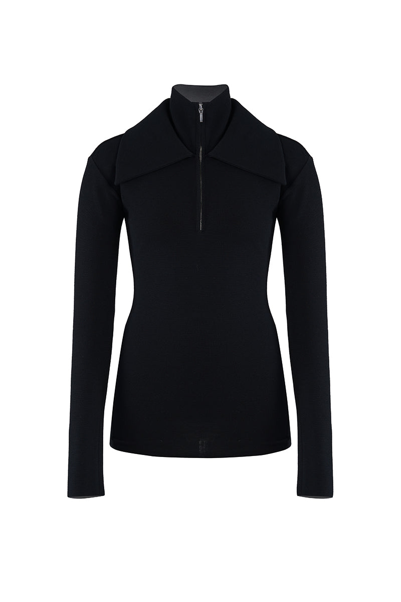 Black JOE B sweater from URA featuring a classic knit design, shown in a close-up image highlighting the textured fabric.