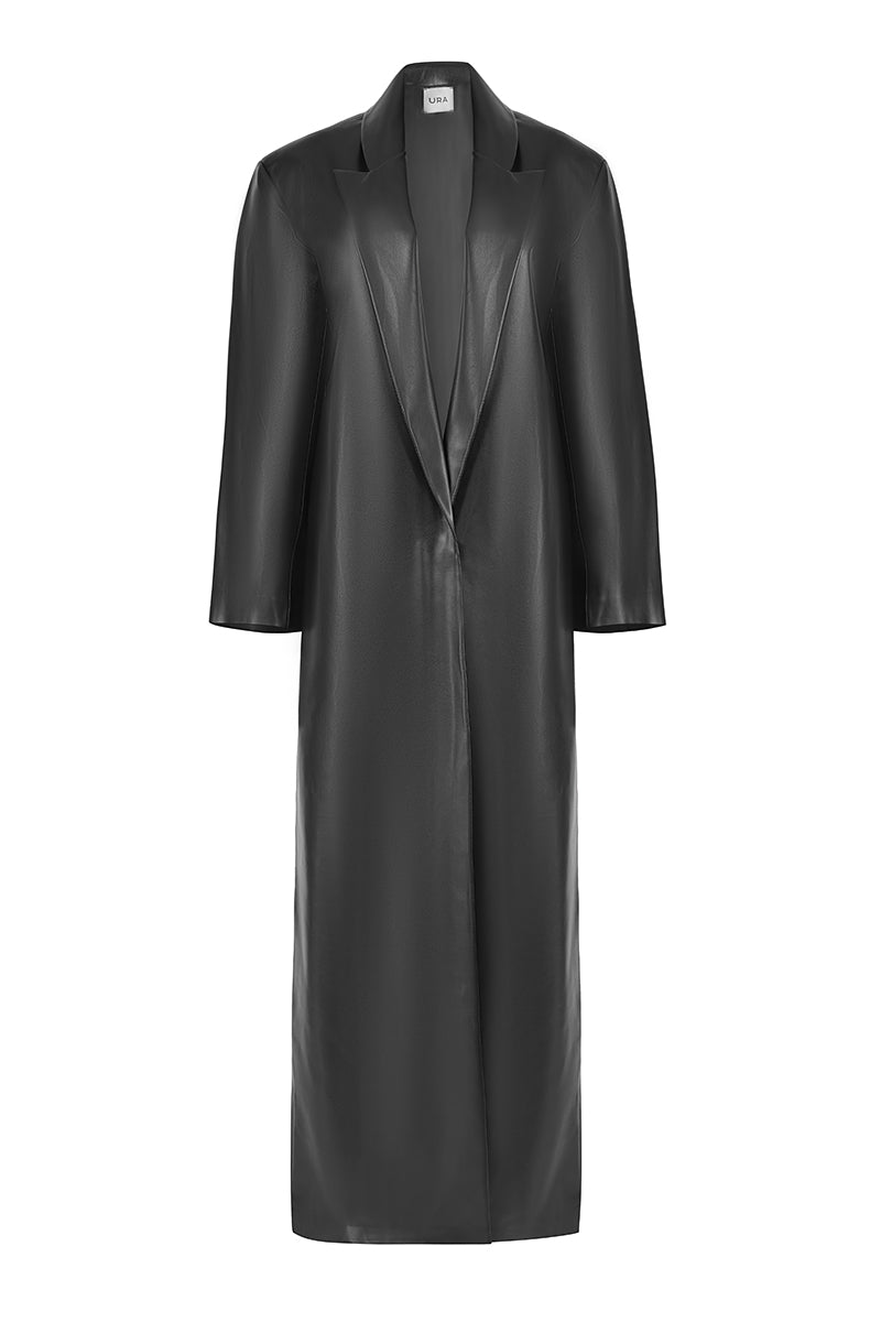 Black Maddie trench coat by URA, stylish and versatile outerwear with classic design, shown on a model.