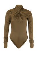 Olive green Laura bodysuit by URA featuring a fitted design and long sleeves, shown on a model.