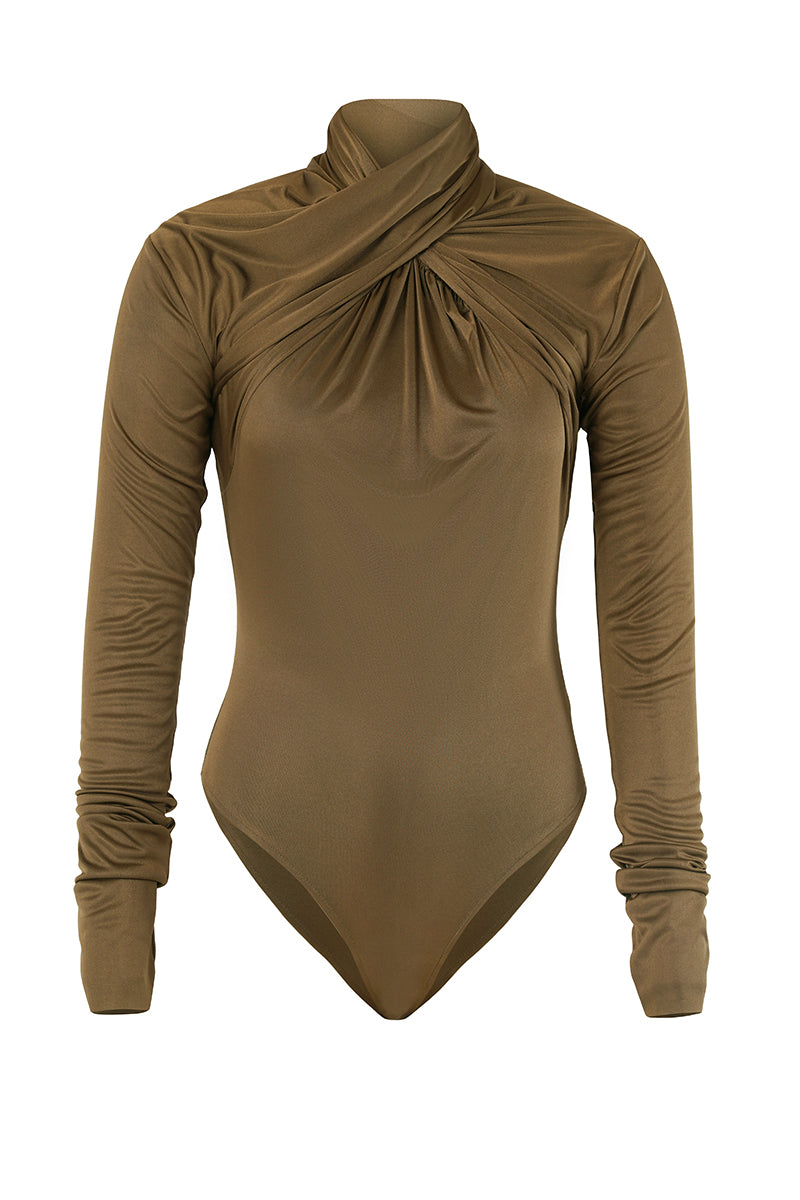 Olive green Laura bodysuit by URA featuring a fitted design and long sleeves, shown on a model.