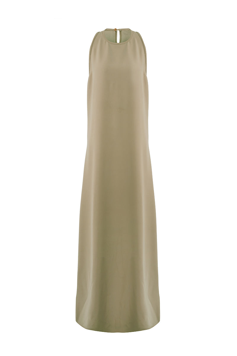 URA RYO moss-colored maxi dress with flowing fabric and elegant design, perfect for stylish summer or casual wear.
