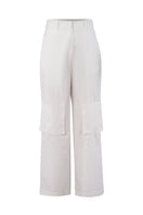 White URA LIMA P trousers laid flat, showing tailored fit and clean design with front pockets and waistband details.