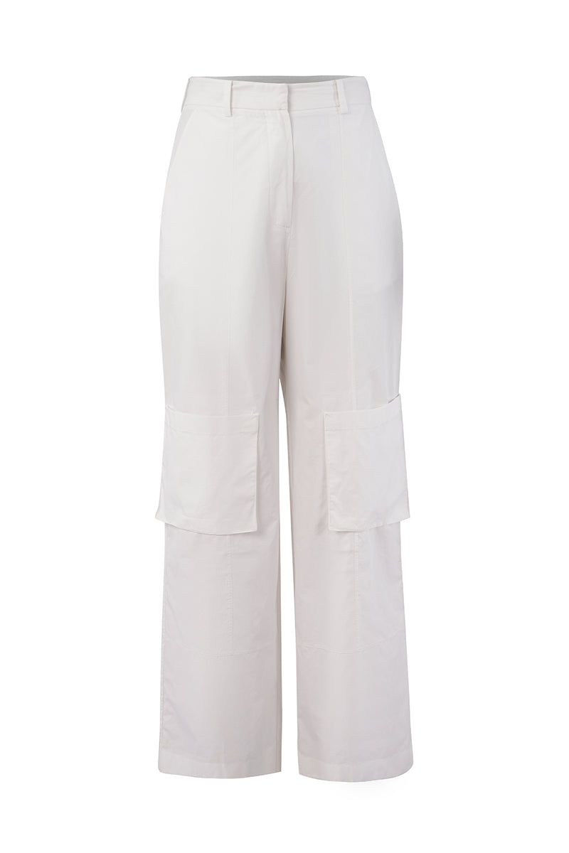 White URA LIMA P trousers laid flat, showing tailored fit and clean design with front pockets and waistband details.