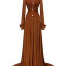 Jenny K Tran Clichy dress in ginger, a stylish gown with flowing fabric and elegant design, perfect for formal occasions.