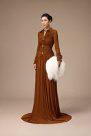 Jenny K Tran Clichy gown in ginger color, elegant dress with flowing fabric and stylish design, perfect for formal occasions.
