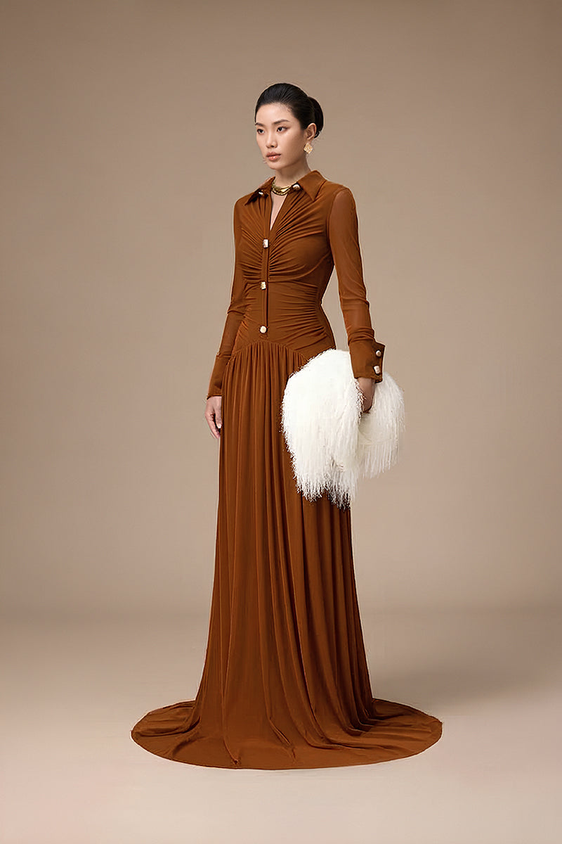 Jenny K Tran Clichy gown in ginger color, elegant dress with flowing fabric and stylish design, perfect for formal occasions.