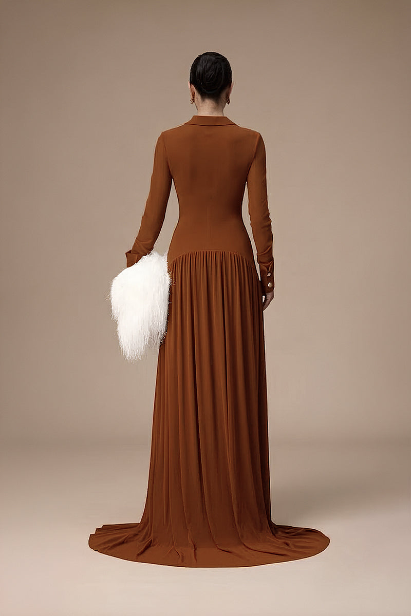 Jenny K Tran Clichy dress in ginger, elegant gown with flowing fabric and intricate detailing, ideal for formal occasions.