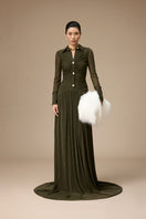 Olive green Clichy gown by Jenny K Tran, flowing fabric with a stylish, elegant design, shown on a model.