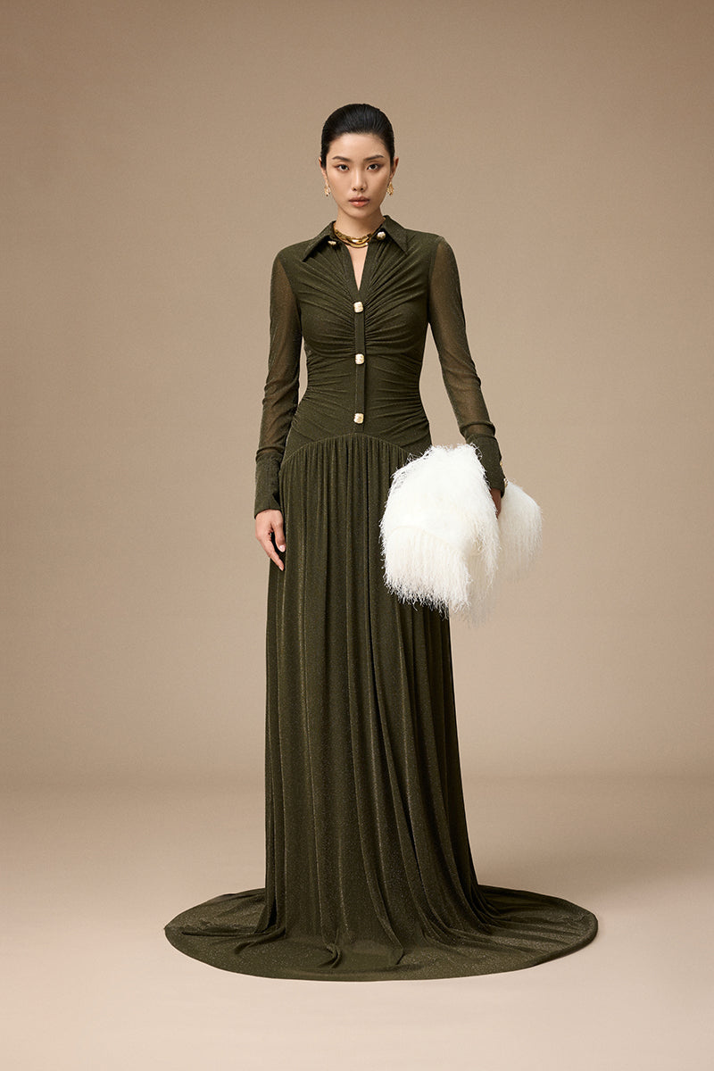 Olive green Clichy gown by Jenny K Tran, flowing fabric with a stylish, elegant design, shown on a model.
