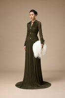 Jenny K Tran Clichy olive gown featuring a flowing silhouette and elegant design, perfect for formal occasions.