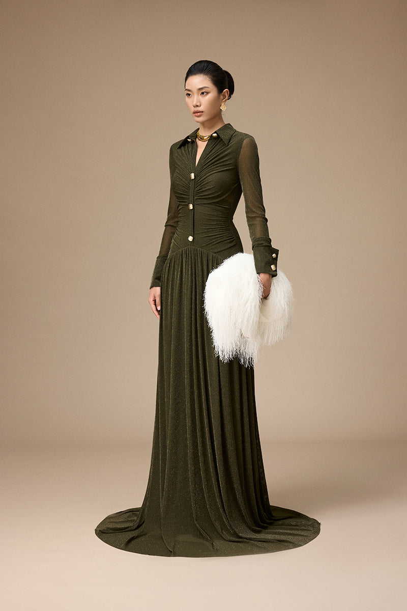 Jenny K Tran Clichy olive gown featuring a flowing silhouette and elegant design, perfect for formal occasions.