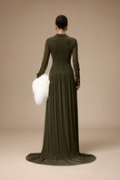 Jenny K Tran Clichy olive gown featuring flowing fabric and elegant design, perfect for formal occasions.