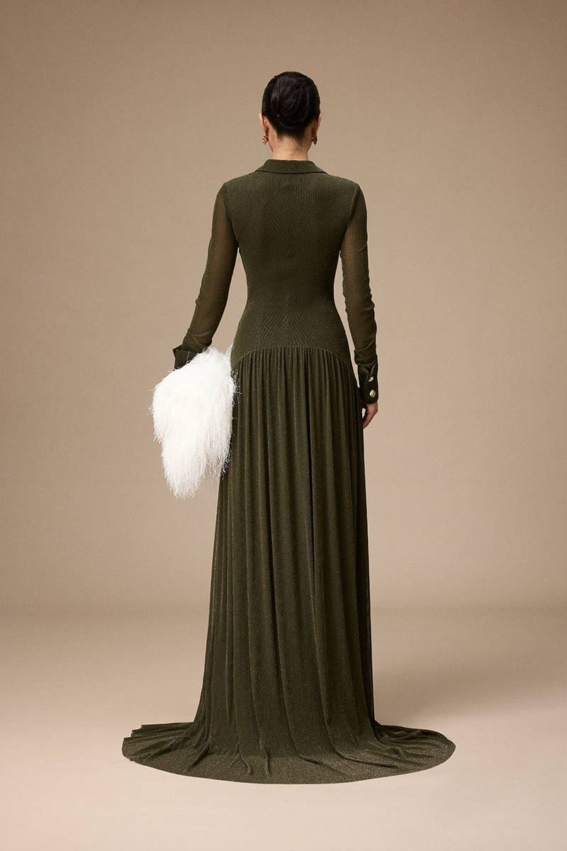 Jenny K Tran Clichy olive gown featuring flowing fabric and elegant design, perfect for formal occasions.