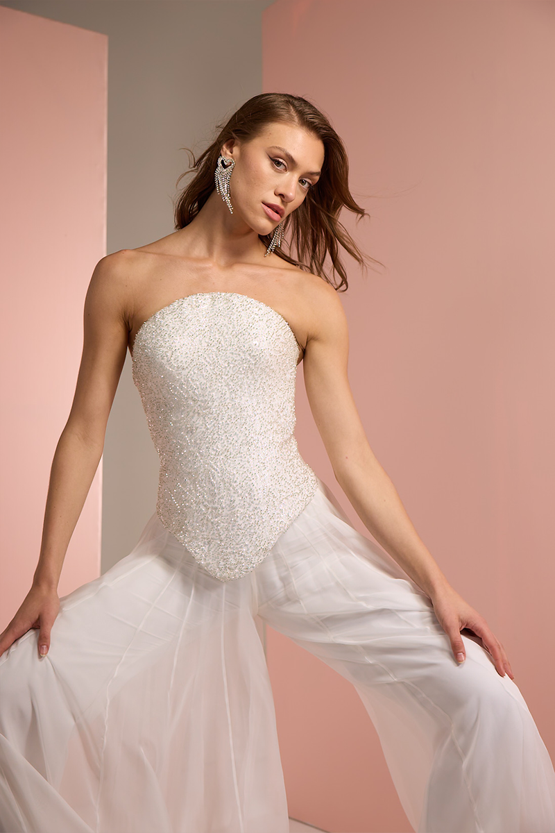 corset dress top and pant Bridal Corset Set: White Womens Pantsuit , Wide Leg Trousers , Satin Corset Top , Wedding Suit