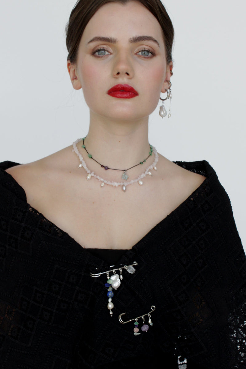 Aethera RIKO MIX STONES brooch featuring multicolor stones on a decorative metal pin, suitable for lapel or accessory.