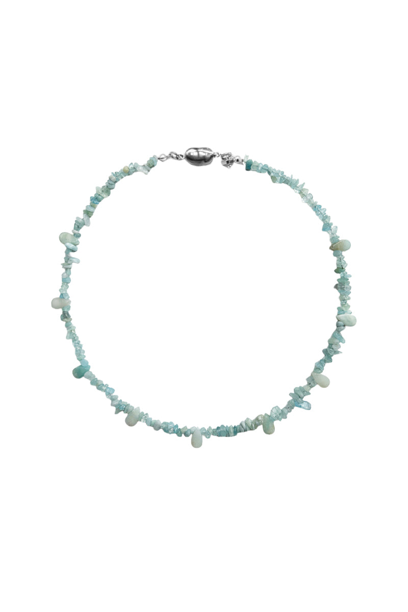 Aethera Lara aquamarine Amazonite necklace featuring blue beads and a silver clasp, displayed against a neutral background.