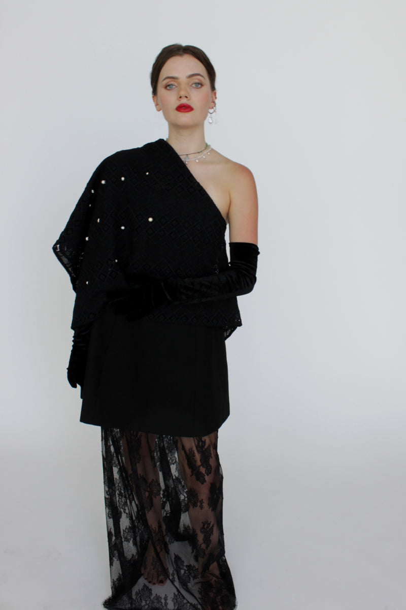 Aethera black scarf with pearl embroidery and broderie detailing, featuring elegant embellishments and soft fabric.
