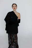 Black scarf by Aethera with pearl embellishments, featuring intricate broderie embroidery in a stylish and elegant design.