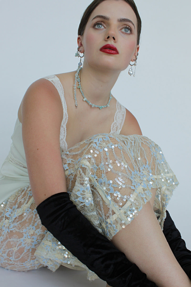 Aethera Lara aquamarine amazonite necklace featuring blue gemstone beads on a delicate chain.
