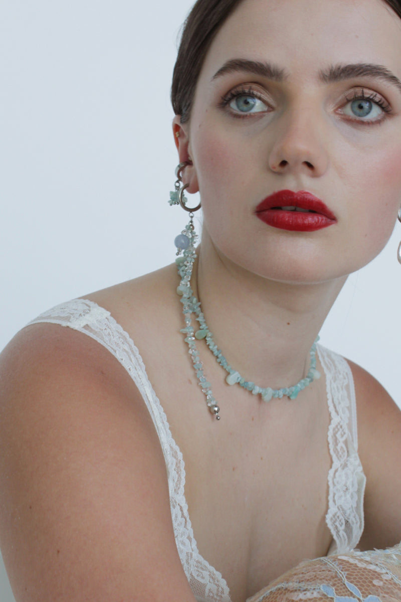 Aethera Lara aquamarine amazonite necklace featuring blue gemstone beads on a delicate chain.