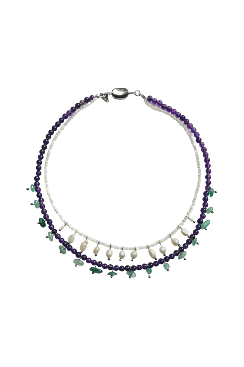 Aethera Diana Mix Stones layered necklace with multicolor beads and gold-toned chain, showcasing its vibrant, multi-strand design.