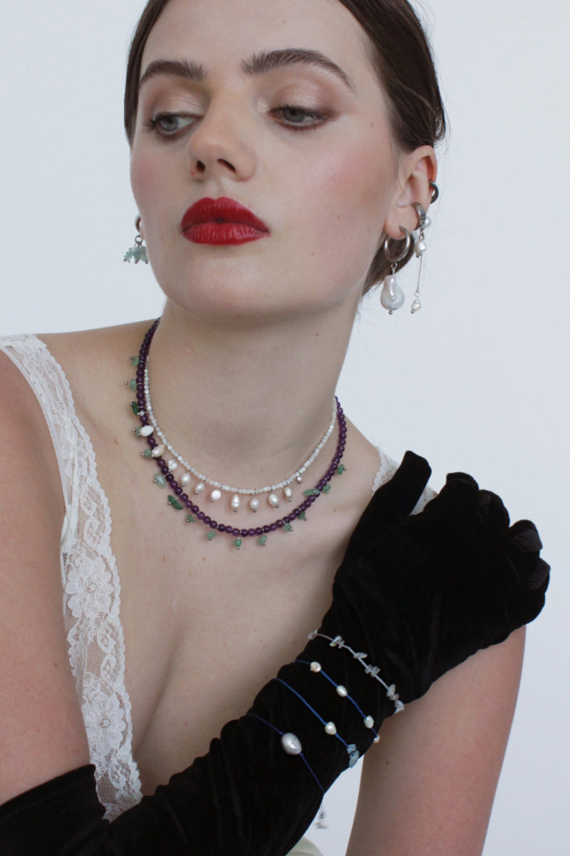 Aethera Diana Mix Stones layered necklace with multicolor beads and charms, featuring a stylish, boho-inspired design.