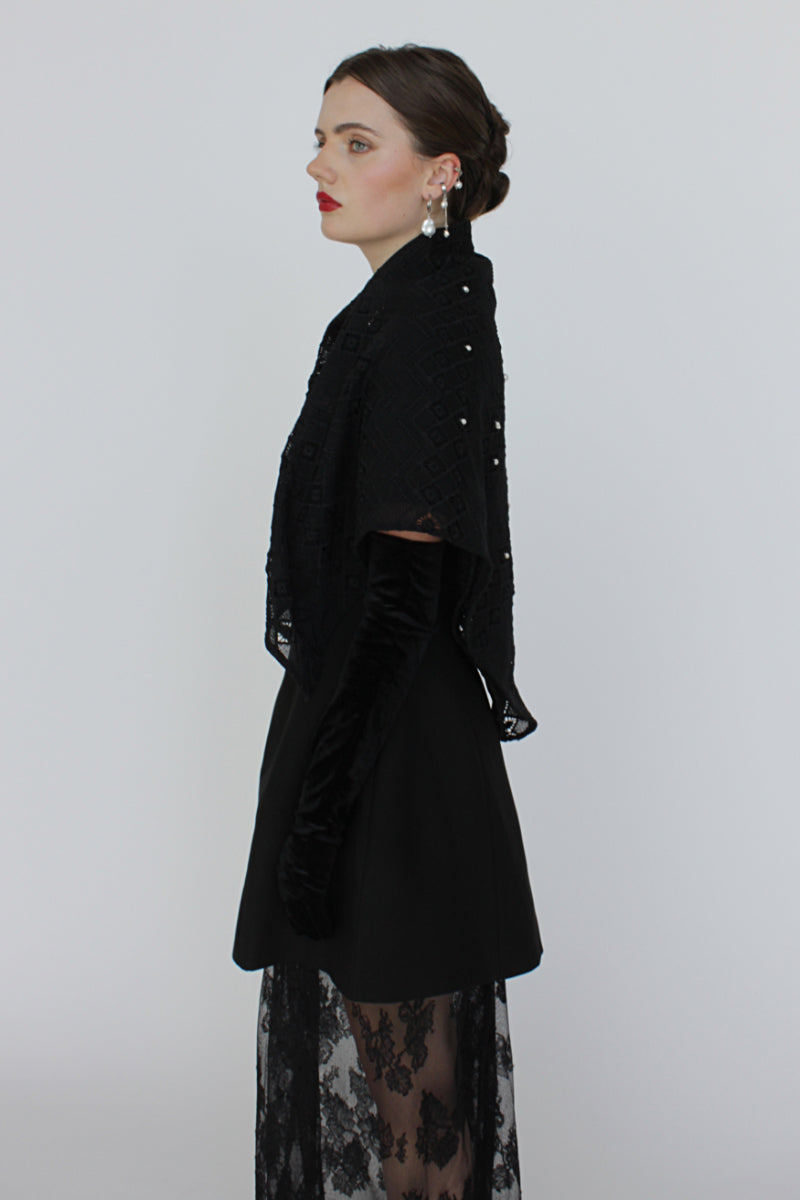 Aethera Laufei Broderie Pearl Embellished Black Scarf with intricate embroidery and delicate pearl accents.
