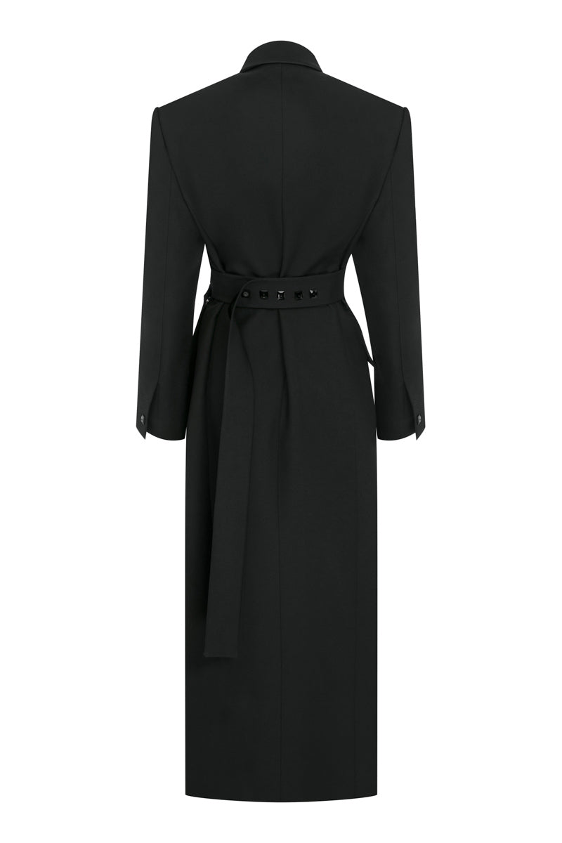 TAGG coat with a side slit, stylish long coat featuring a modern design and tailored fit, perfect for layered winter looks.