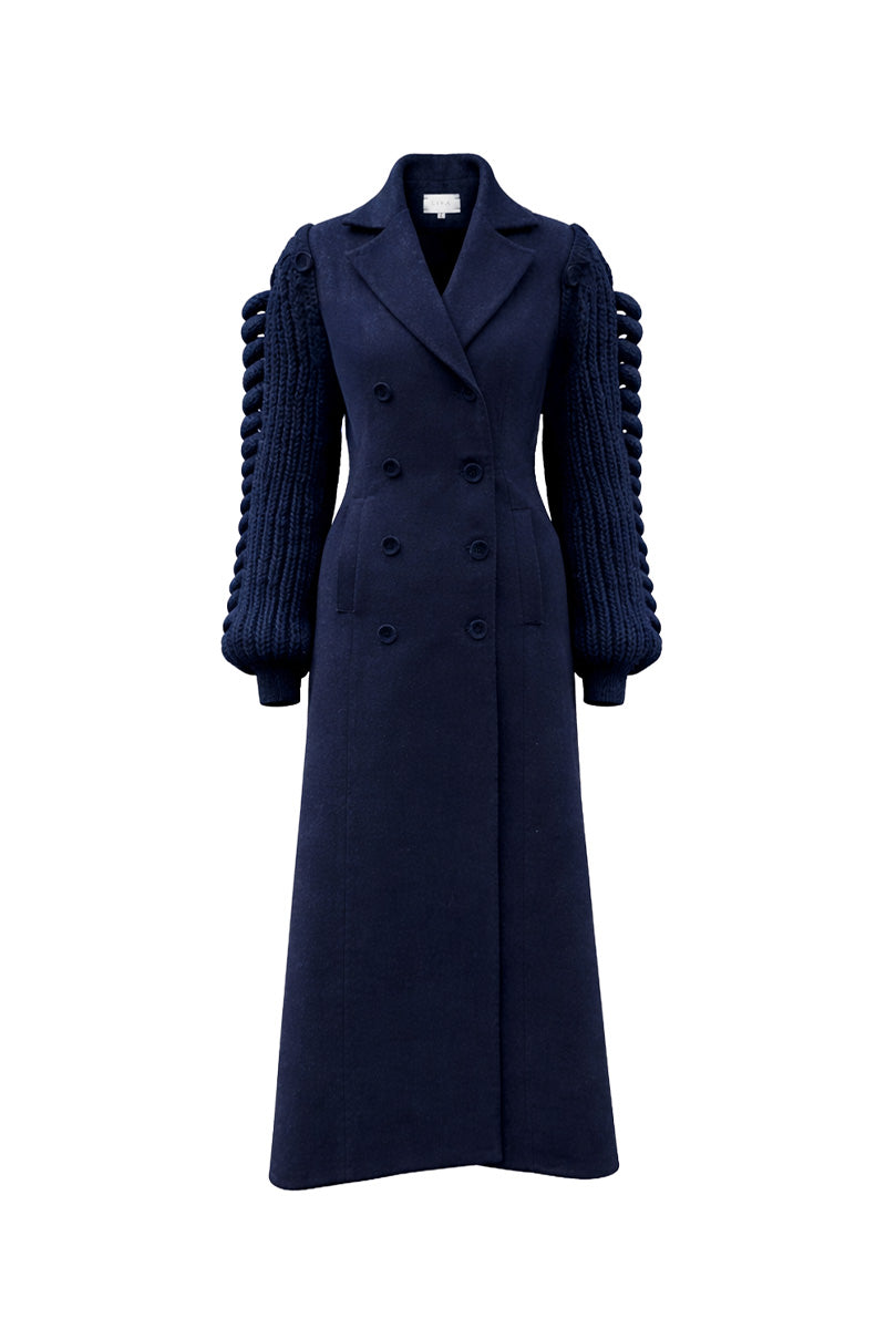 Liya long line navy dress coat with tailored fit, lapel collar, and button closures, stylish outerwear for women.