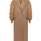 Liya dramatic camel knit-sleeve coat displayed on a hanger, featuring a cozy knit fabric and stylish design.