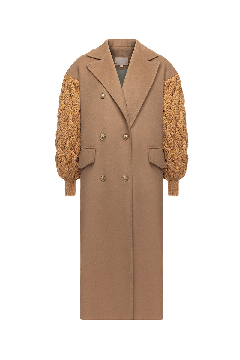 Liya dramatic camel knit-sleeve coat displayed on a hanger, featuring a cozy knit fabric and stylish design.