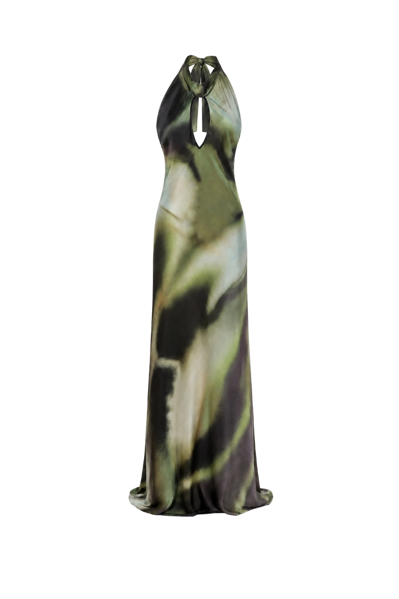 Green print Cocoa dress from Tinta Latina, a stylish maxi dress with vibrant pattern and flowing fit, perfect for casual or semi-formal wear.