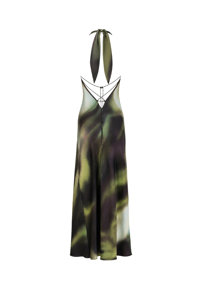 Green print cocoa maxi dress by Tinta Latina, flowing fabric and elegant design perfect for summer or casual occasions.