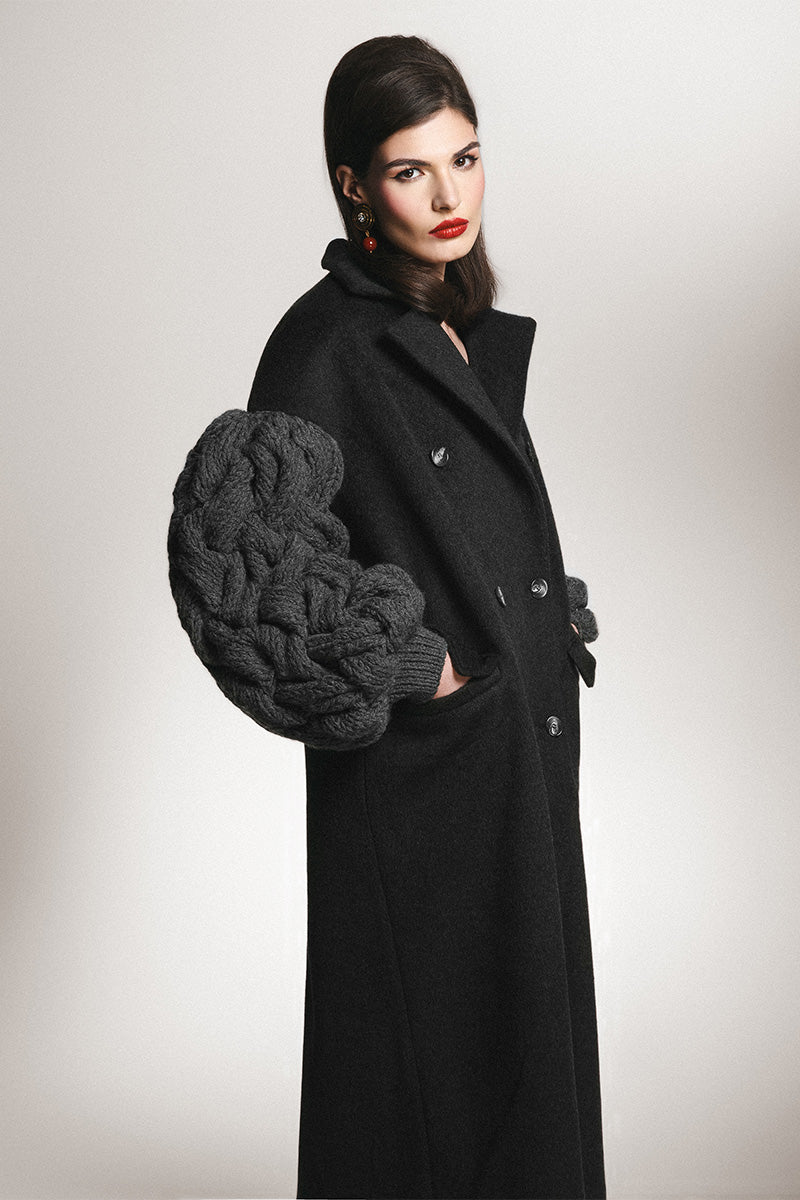 Liya dramatic charcoal knit sleeve coat with oversized fit and textured knit fabric, stylish and warm for winter wear.