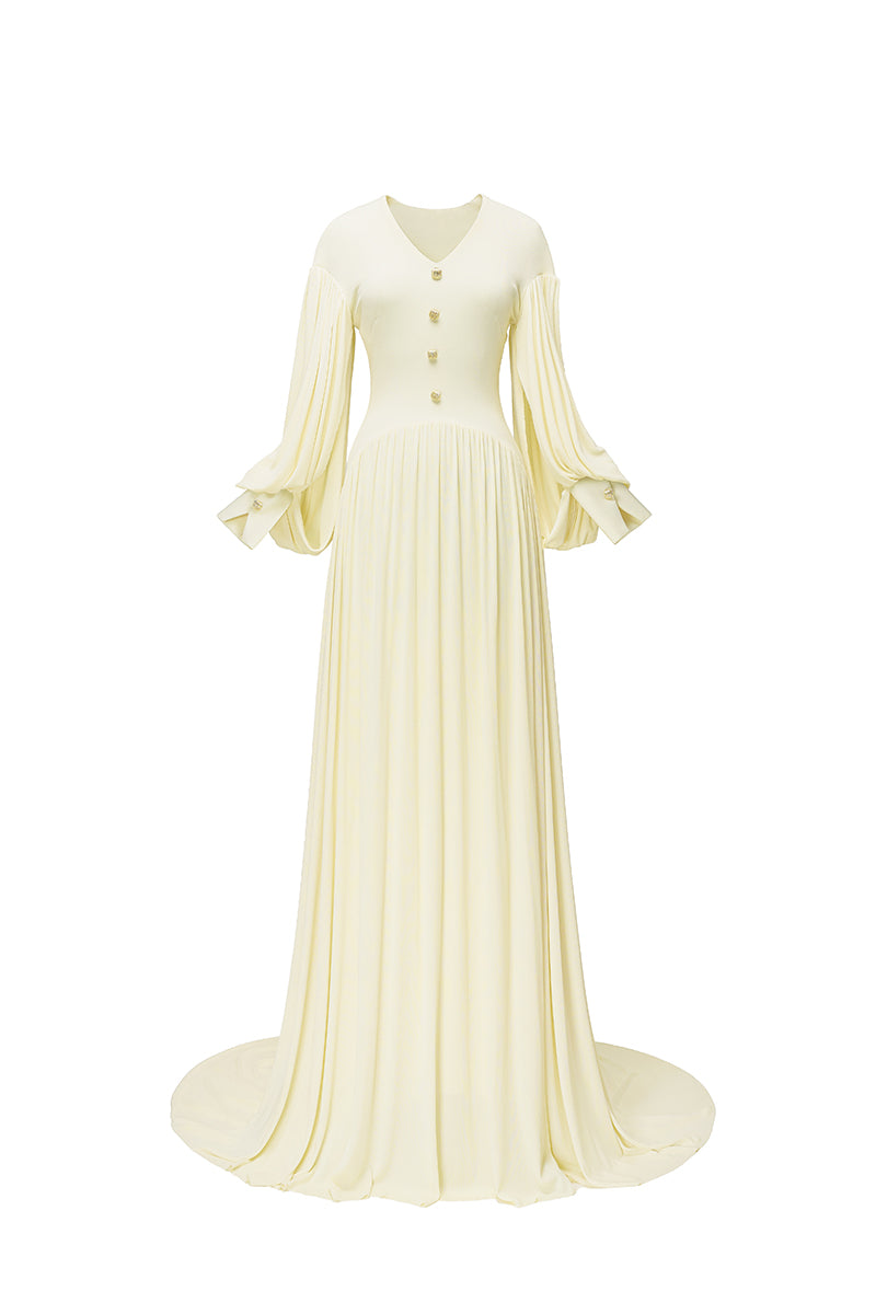 Yellow Cranley gown by Jenny K Tran featuring elegant fabric and a flowing silhouette, perfect for formal occasions.