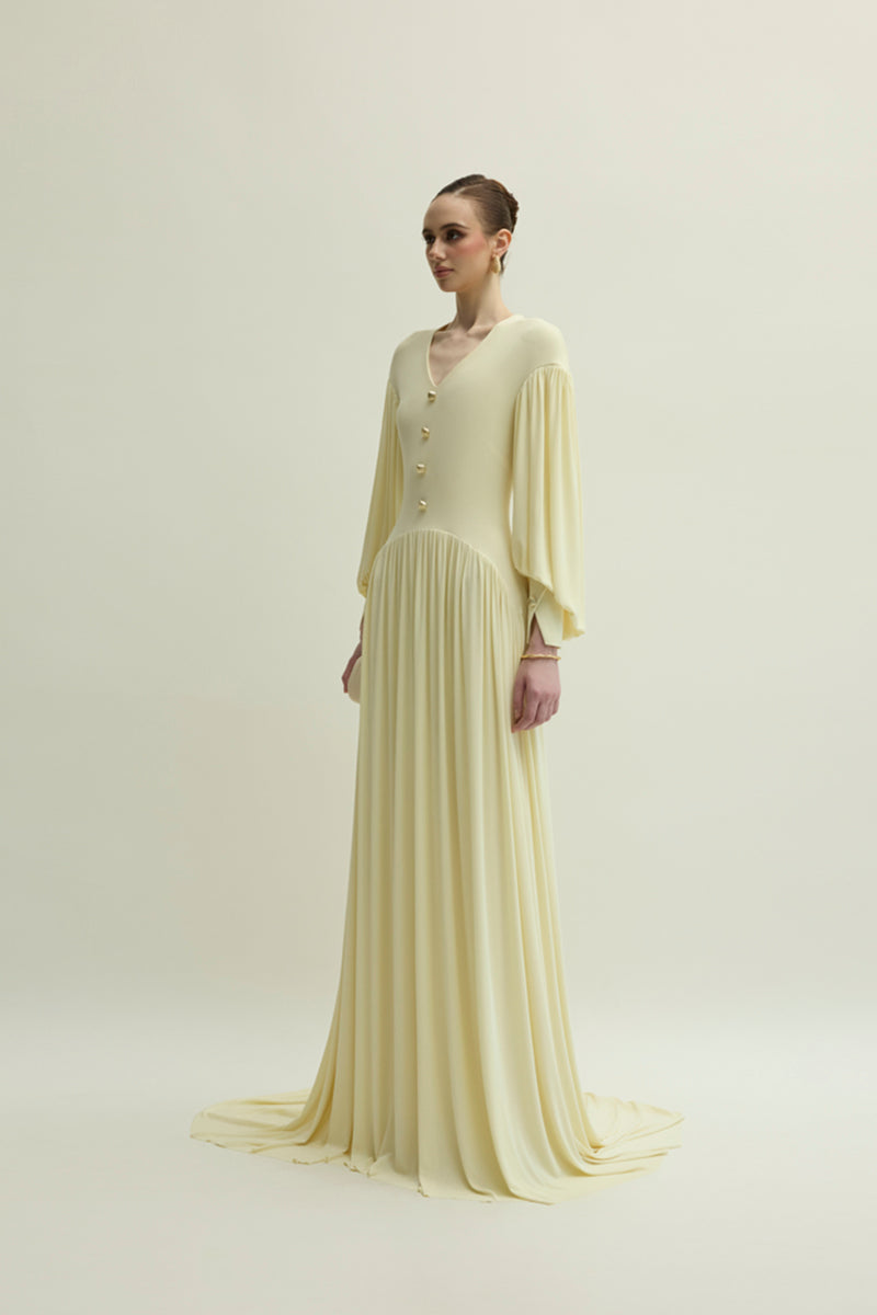 Yellow Cranley gown by Jenny K Tran featuring elegant fabric and a stylish design, perfect for formal occasions.
