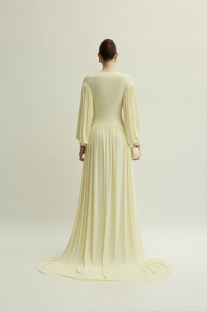 Yellow Cranley gown by Jenny K Tran featuring elegant fabric and flowing design, perfect for formal occasions.