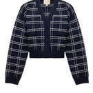 Navy checked Liya cardigan with button closure, long sleeves, and cozy knit fabric, perfect for casual and layered outfits.