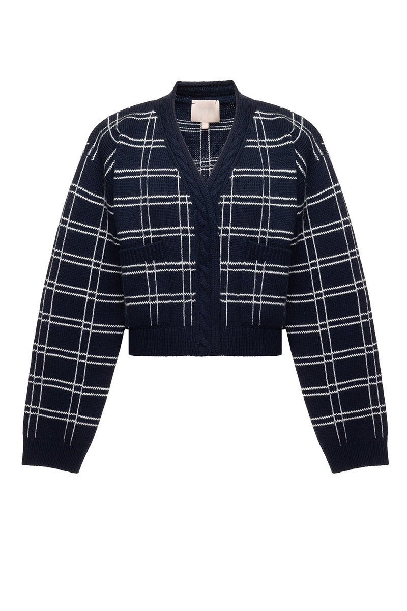Liya navy checked cardigan with button closure and long sleeves, lightweight knit for casual wear.