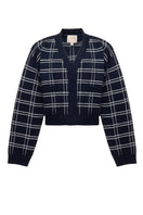 Navy checked Liya cardigan with button closure, long sleeves, and cozy knit fabric, perfect for casual and layered outfits.