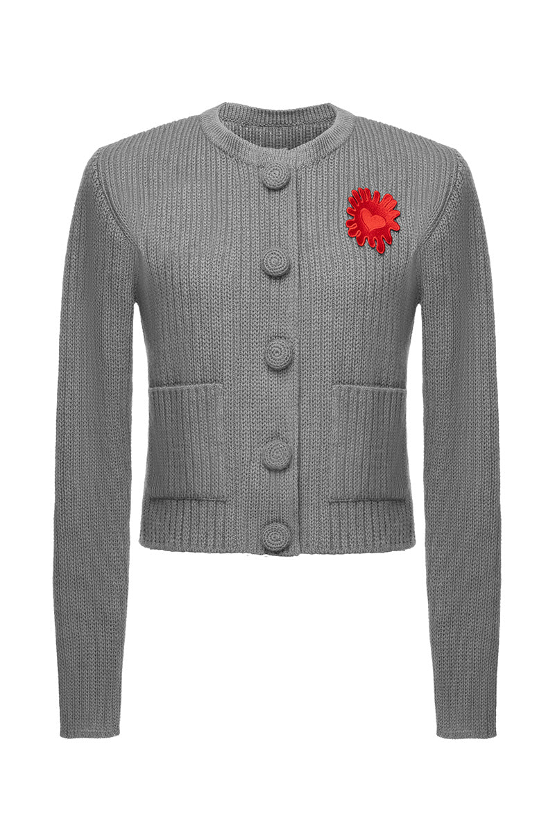 Grey Liya cardigan featuring a soft knit fabric and classic design, displayed on a hanger.